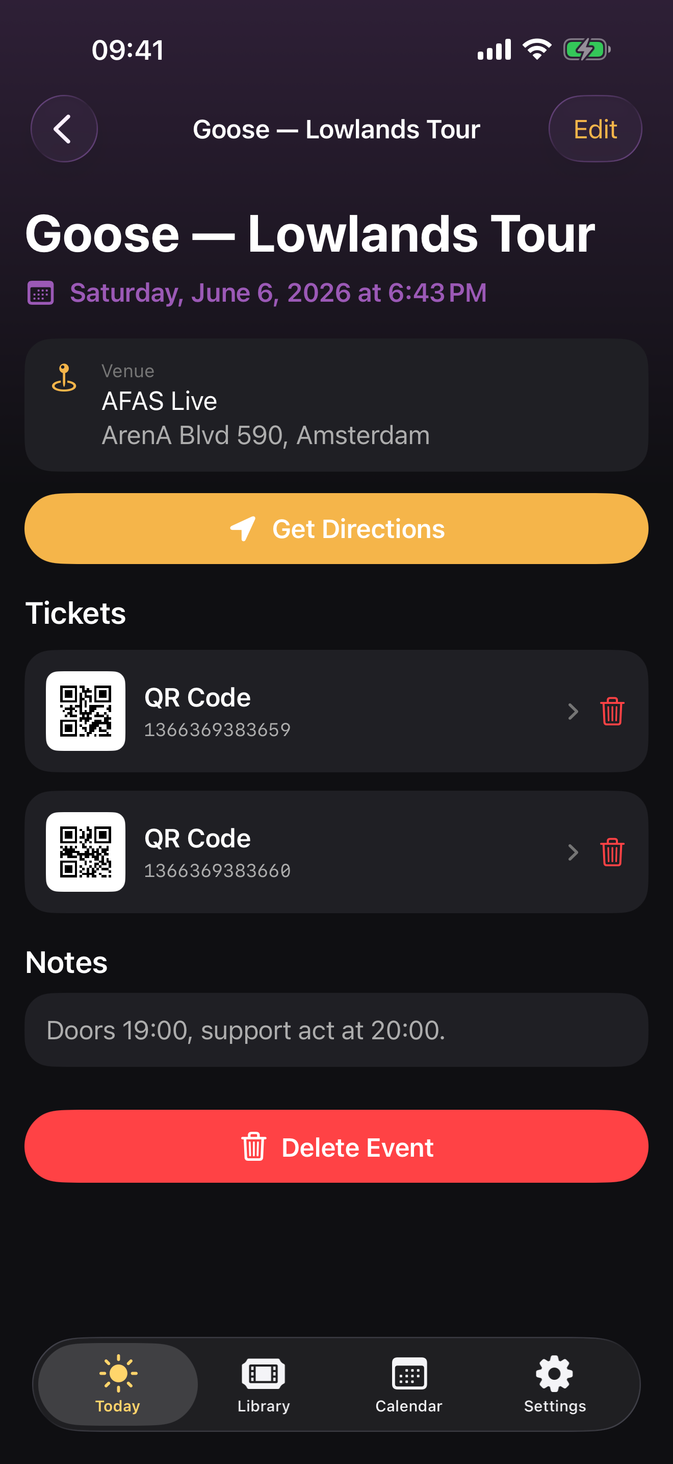 TicketBrain event detail with venue directions, tickets and notes