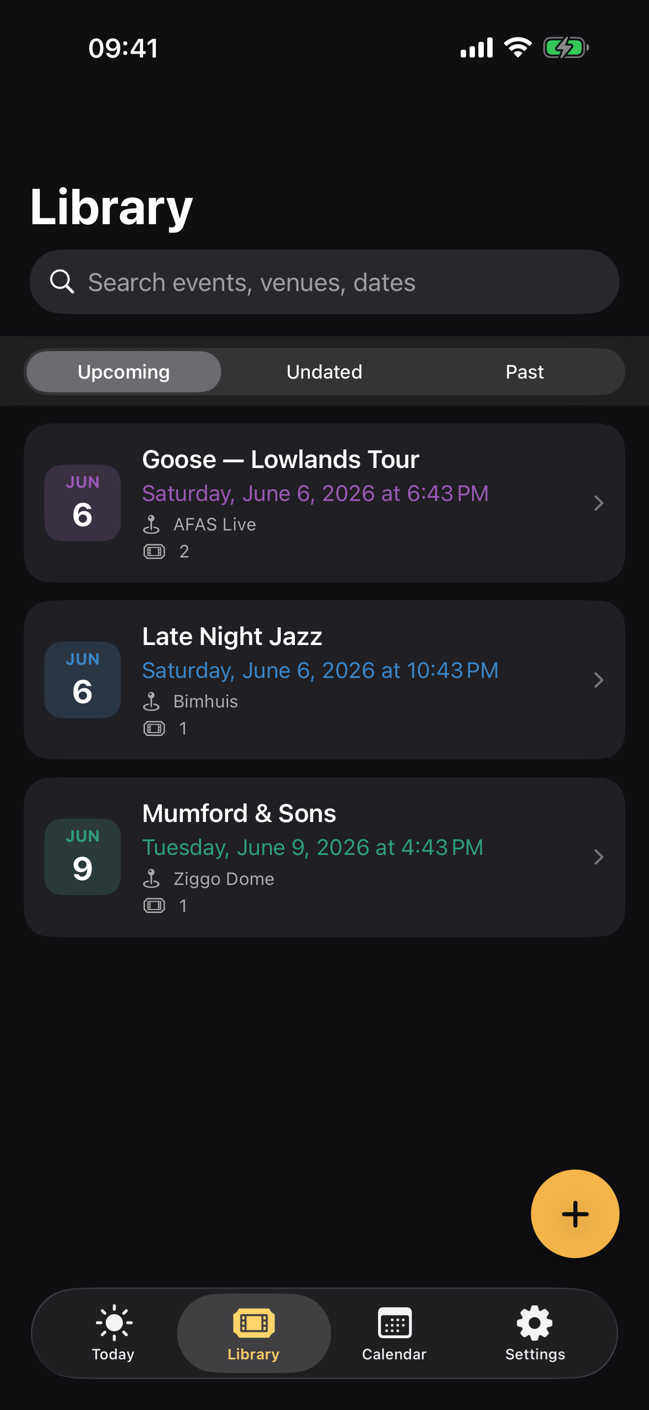 TicketBrain library with upcoming events, each with date, venue and ticket count