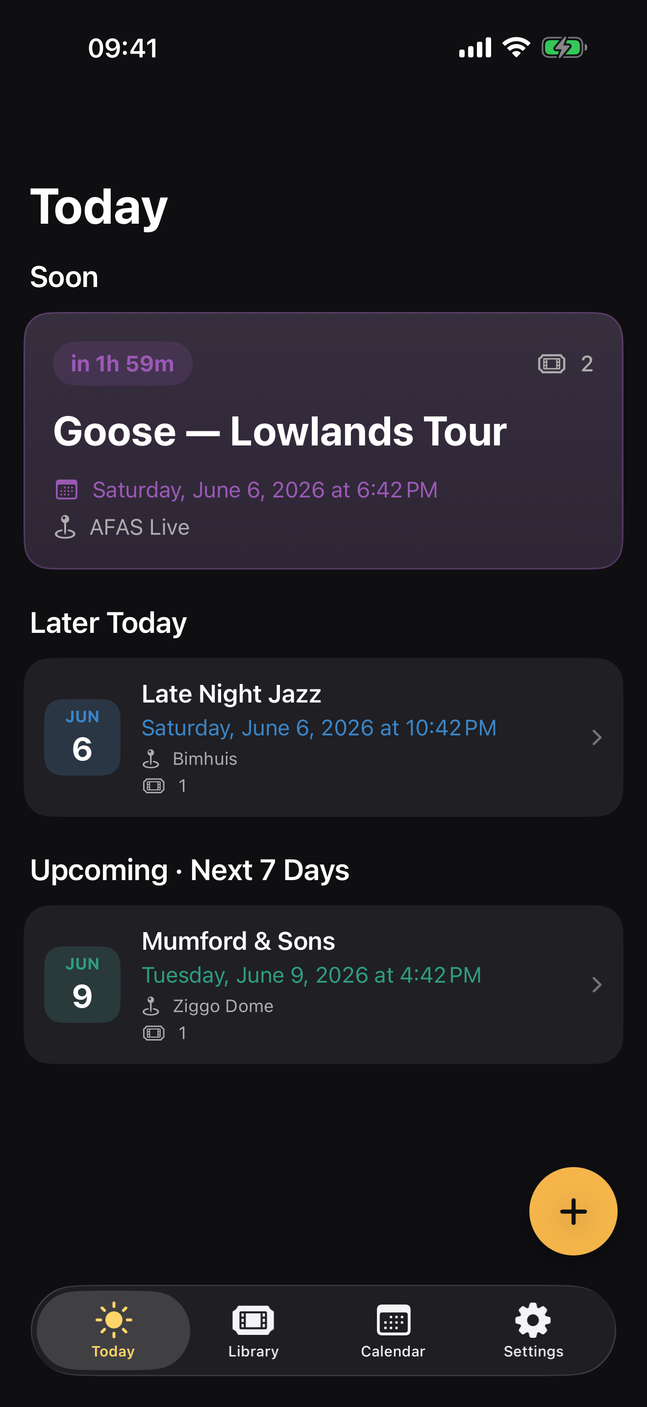 TicketBrain Today view showing the next event with its date, venue and ticket count